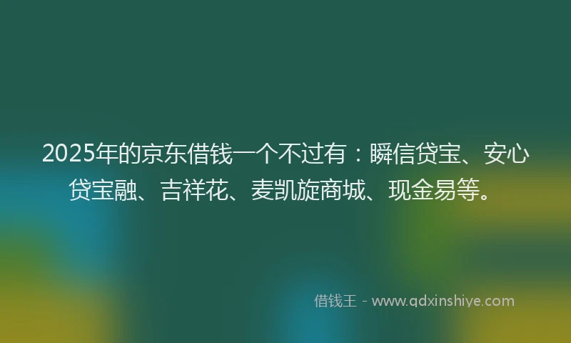 2025年的京东借钱一个不过有：瞬信贷宝、安心贷宝融、吉祥花、麦凯旋商城、现金易等。