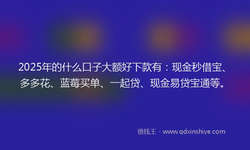 2025年的什么口子大额好下款有：现金秒借宝、多多花、蓝莓买单、一起贷、现金易贷宝通等。