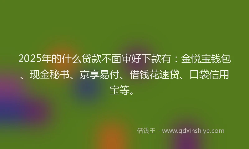 2025年的什么贷款不面审好下款有：金悦宝钱包、现金秘书、京享易付、借钱花速贷、口袋信用宝等。