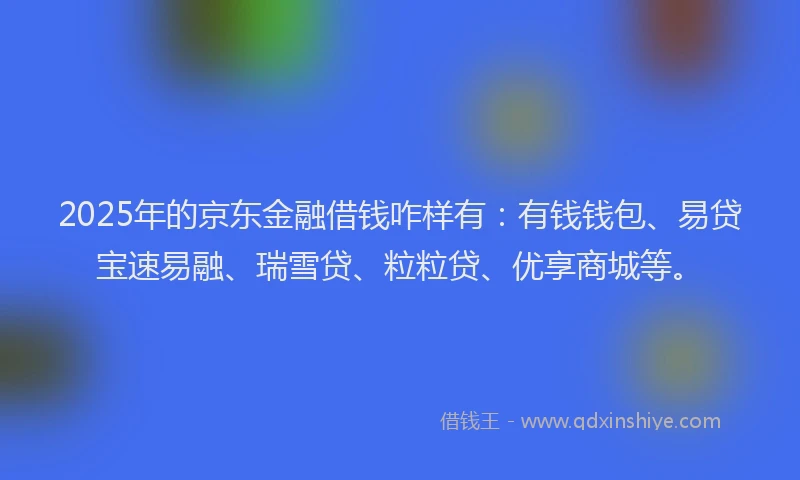 2025年的京东金融借钱咋样有:有钱钱包、易贷宝速易融、瑞雪贷、粒粒贷、优享商城等。