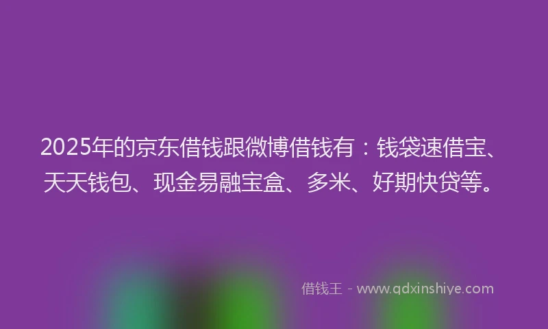 2025年的京东借钱跟微博借钱有:钱袋速借宝、天天钱包、现金易融宝盒、多米、好期快贷等。