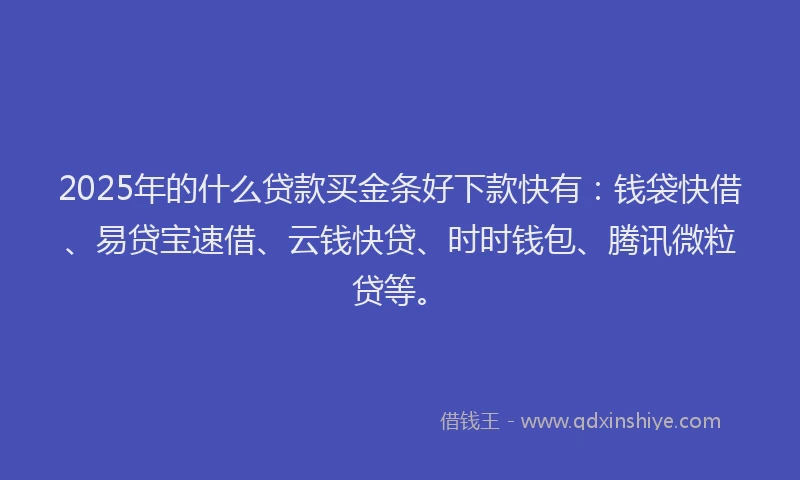 2025年的什么贷款买金条好下款快有：钱袋快借、易贷宝速借、云钱快贷、时时钱包、腾讯微粒贷等。