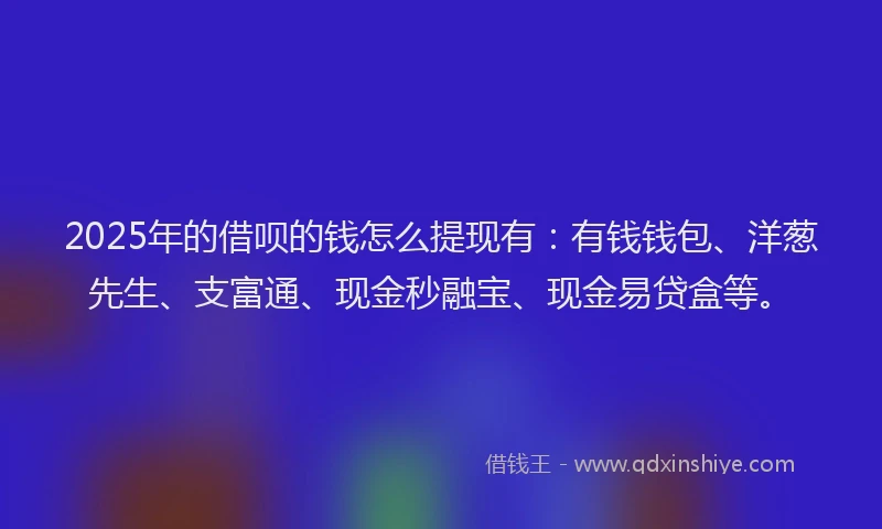 2025年的借呗的钱怎么提现有：有钱钱包、洋葱先生、支富通、现金秒融宝、现金易贷盒等。
