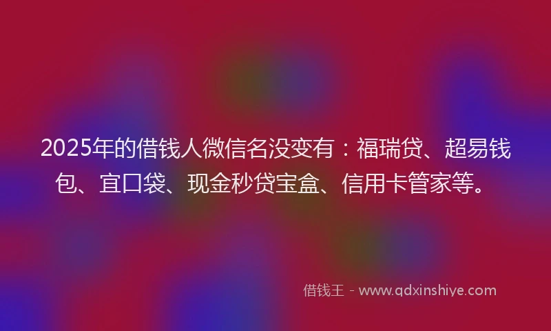 2025年的借钱人微信名没变有：福瑞贷、超易钱包、宜口袋、现金秒贷宝盒、信用卡管家等。