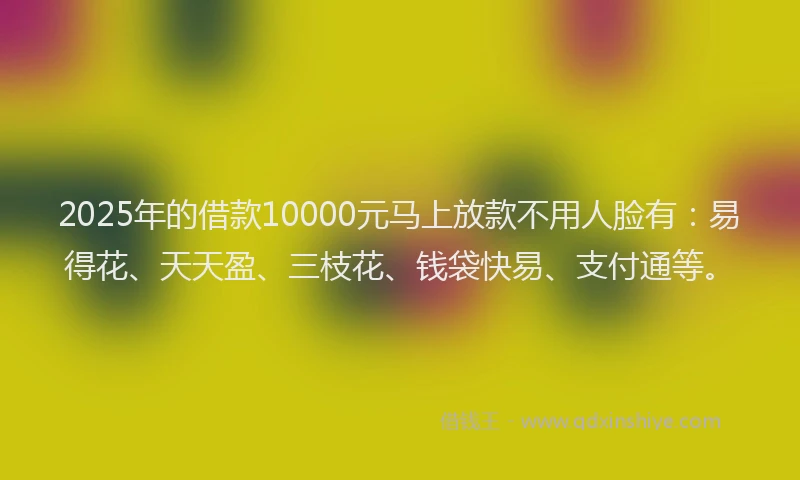 2025年的借款10000元马上放款不用人脸有：易得花、天天盈、三枝花、钱袋快易、支付通等。