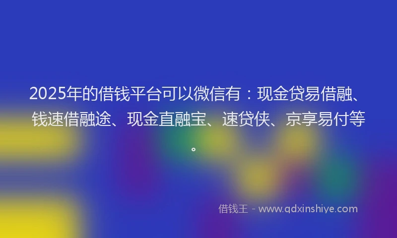2025年的借钱平台可以微信有:现金贷易借融、钱速借融途、现金直融宝、速贷侠、京享易付等。