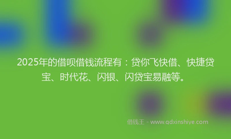 2025年的借呗借钱流程有：贷你飞快借、快捷贷宝、时代花、闪银、闪贷宝易融等。