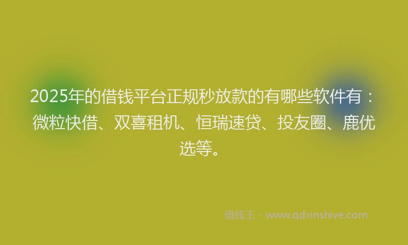 2025年的借钱平台正规秒放款的有哪些软件有：微粒快借、双喜租机、恒瑞速贷、投友圈、鹿优选等。