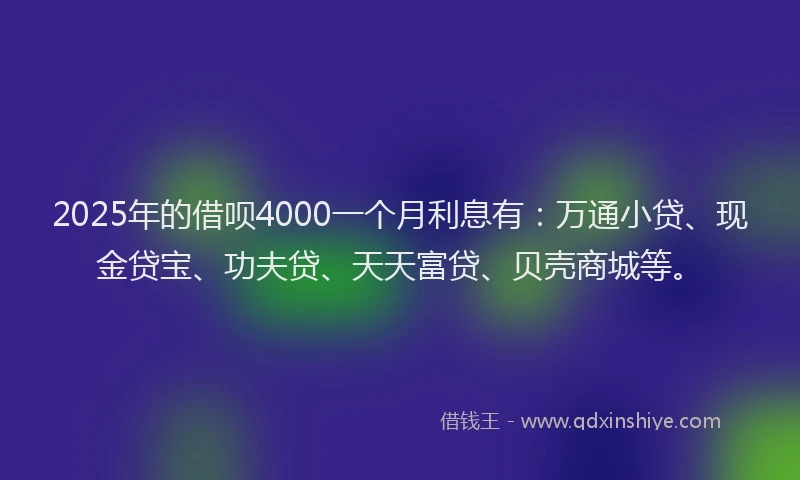 2025年的借呗4000一个月利息有：万通小贷、现金贷宝、功夫贷、天天富贷、贝壳商城等。