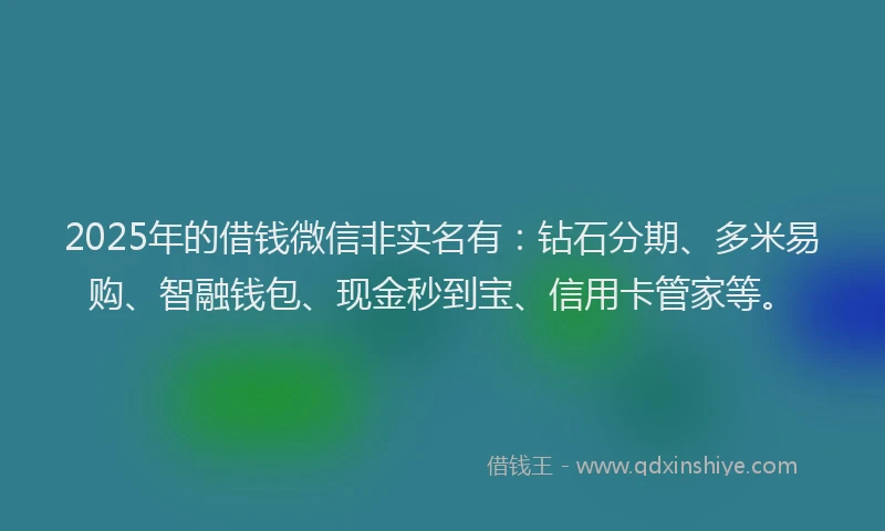 2025年的借钱微信非实名有：钻石分期、多米易购、智融钱包、现金秒到宝、信用卡管家等。