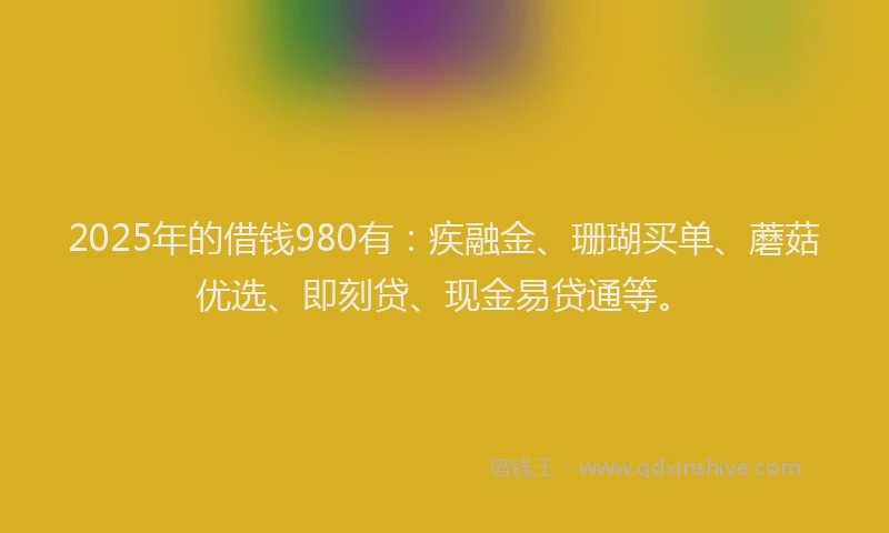 2025年的借钱980有：疾融金、珊瑚买单、蘑菇优选、即刻贷、现金易贷通等。
