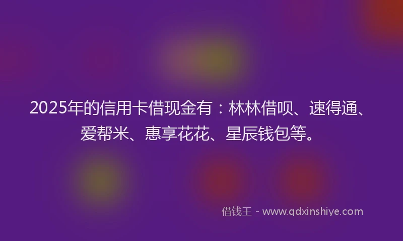 2025年的信用卡借现金有：林林借呗、速得通、爱帮米、惠享花花、星辰钱包等。
