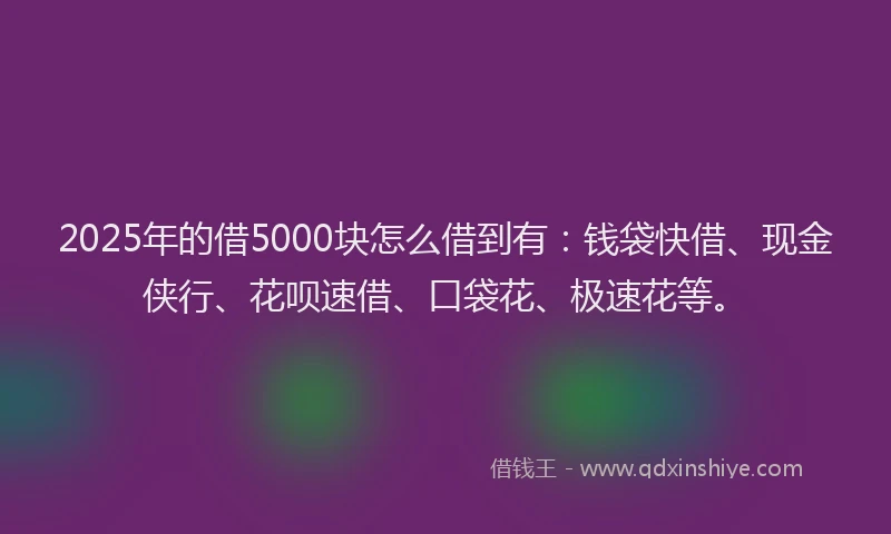 2025年的借5000块怎么借到有：钱袋快借、现金侠行、花呗速借、口袋花、极速花等。