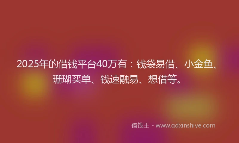 2025年的借钱平台40万有：钱袋易借、小金鱼、珊瑚买单、钱速融易、想借等。