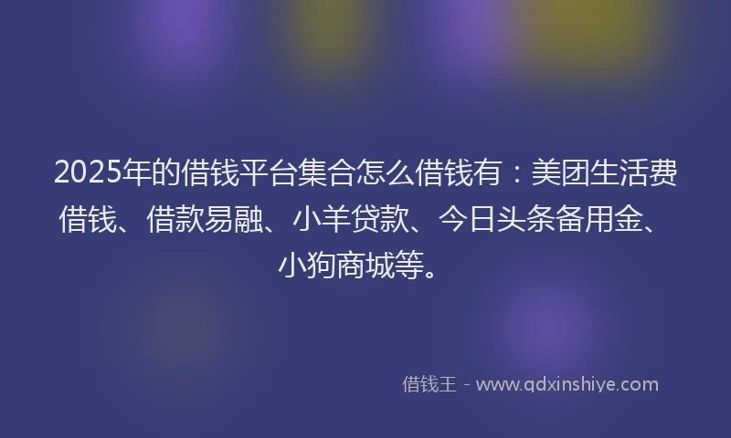 2025年的借钱平台集合怎么借钱有：美团生活费借钱、借款易融、小羊贷款、今日头条备用金、小狗商城等。