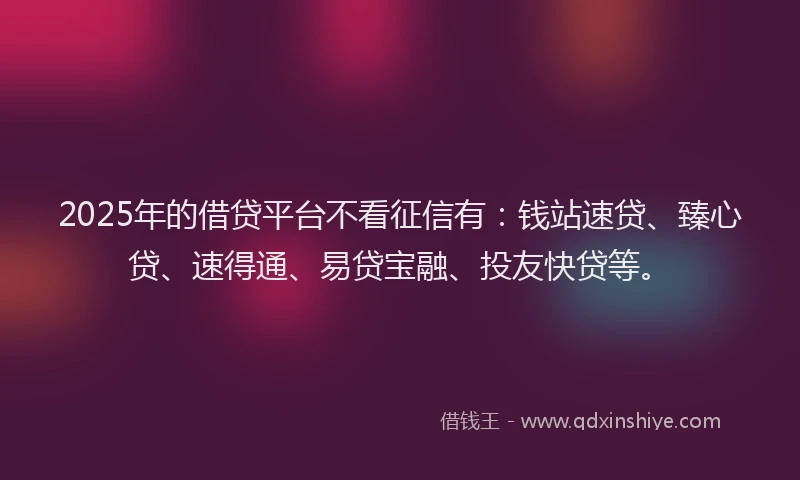 2025年的借贷平台不看征信有：钱站速贷、臻心贷、速得通、易贷宝融、投友快贷等。