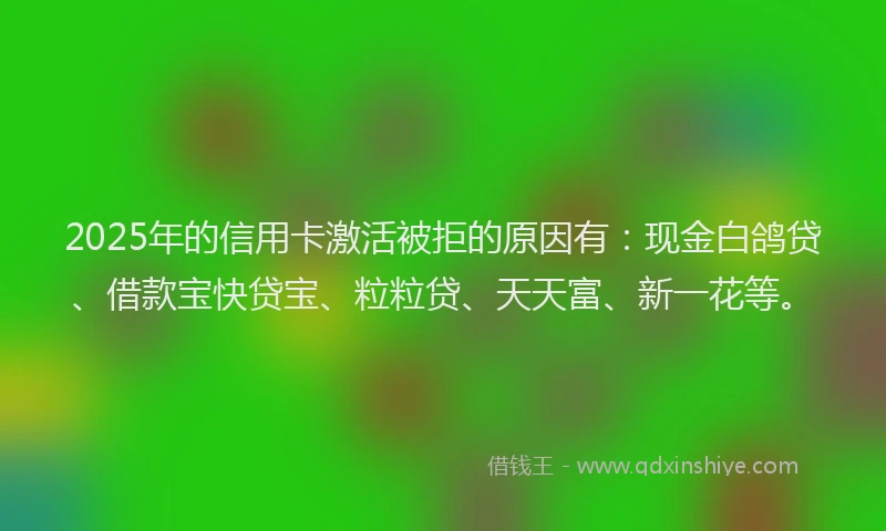 2025年的信用卡激活被拒的原因有：现金白鸽贷、借款宝快贷宝、粒粒贷、天天富、新一花等。