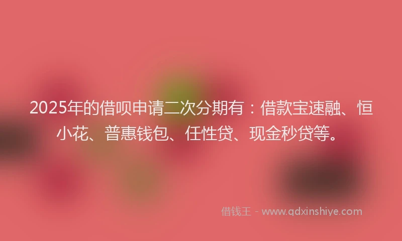 2025年的借呗申请二次分期有：借款宝速融、恒小花、普惠钱包、任性贷、现金秒贷等。
