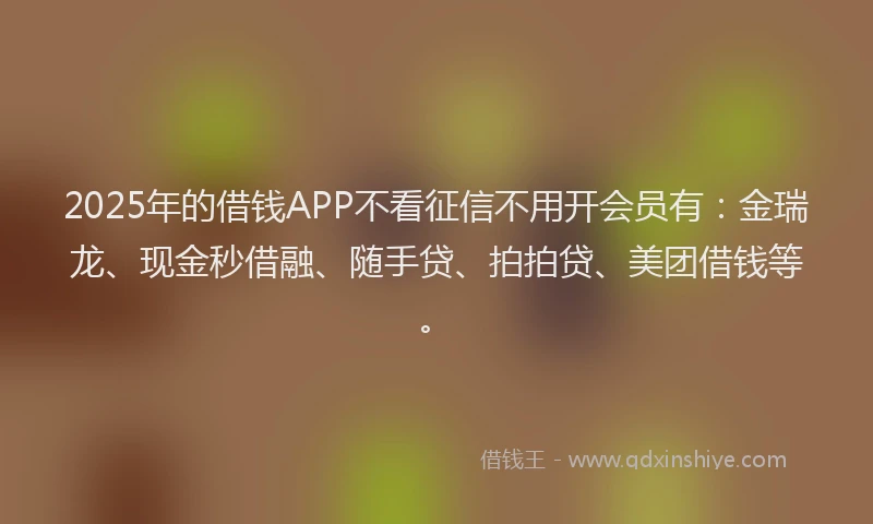 2025年的借钱APP不看征信不用开会员有：金瑞龙、现金秒借融、随手贷、拍拍贷、美团借钱等。