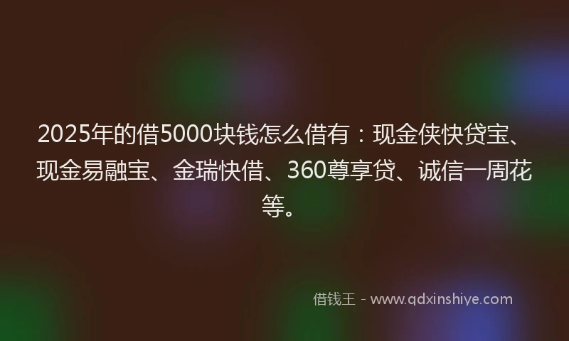 2025年的借5000块钱怎么借有：现金侠快贷宝、现金易融宝、金瑞快借、360尊享贷、诚信一周花等。
