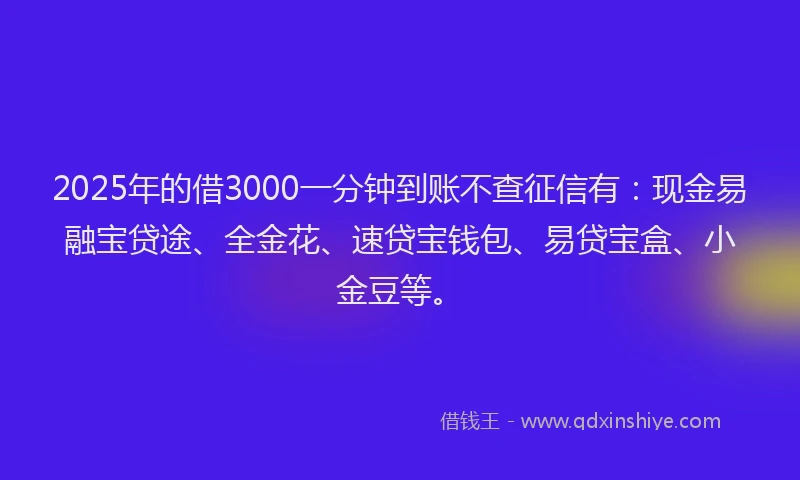 2025年的借3000一分钟到账不查征信有：现金易融宝贷途、全金花、速贷宝钱包、易贷宝盒、小金豆等。