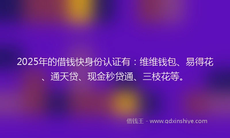 2025年的借钱快身份认证有：维维钱包、易得花、通天贷、现金秒贷通、三枝花等。