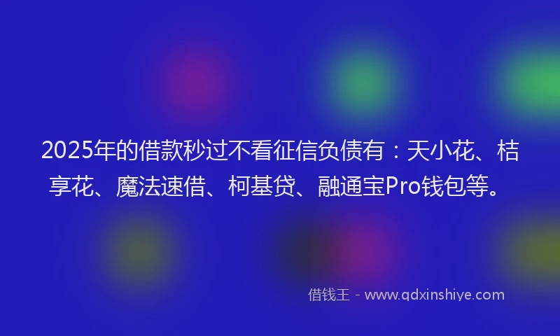 2025年的借款秒过不看征信负债有：天小花、桔享花、魔法速借、柯基贷、融通宝Pro钱包等。