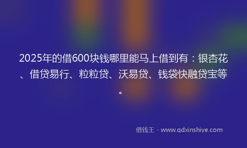 2025年的借600块钱哪里能马上借到有：银杏花、借贷易行、粒粒贷、沃易贷、钱袋快融贷宝等。