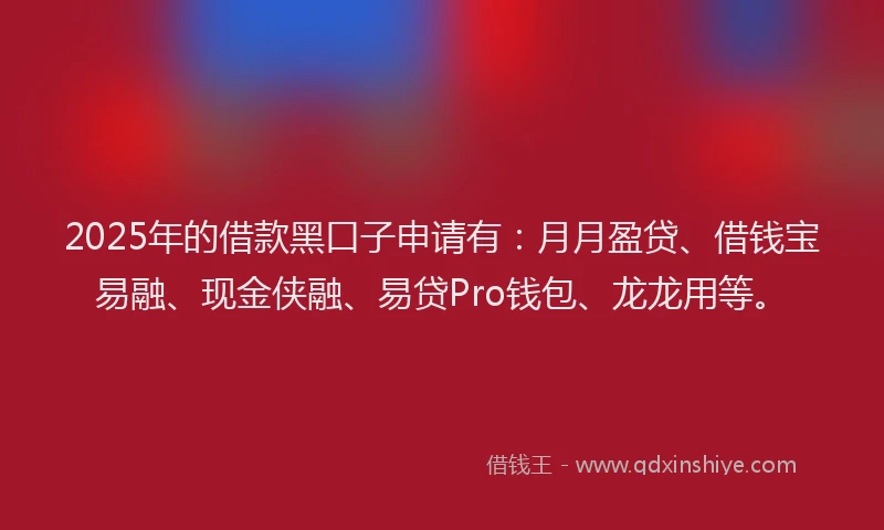 2025年的借款黑口子申请有：月月盈贷、借钱宝易融、现金侠融、易贷Pro钱包、龙龙用等。