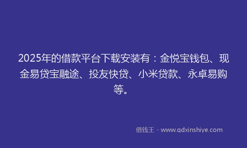 2025年的借款平台下载安装有：金悦宝钱包、现金易贷宝融途、投友快贷、小米贷款、永卓易购等。