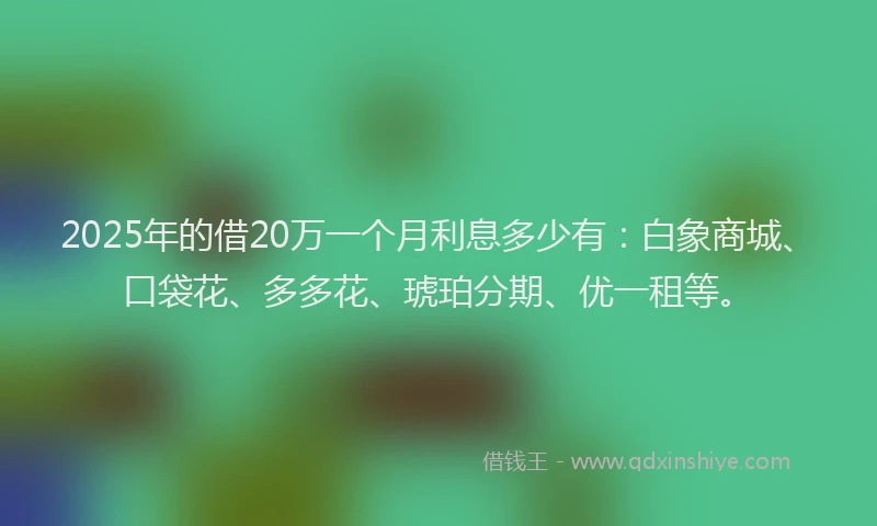 2025年的借20万一个月利息多少有：白象商城、口袋花、多多花、琥珀分期、优一租等。