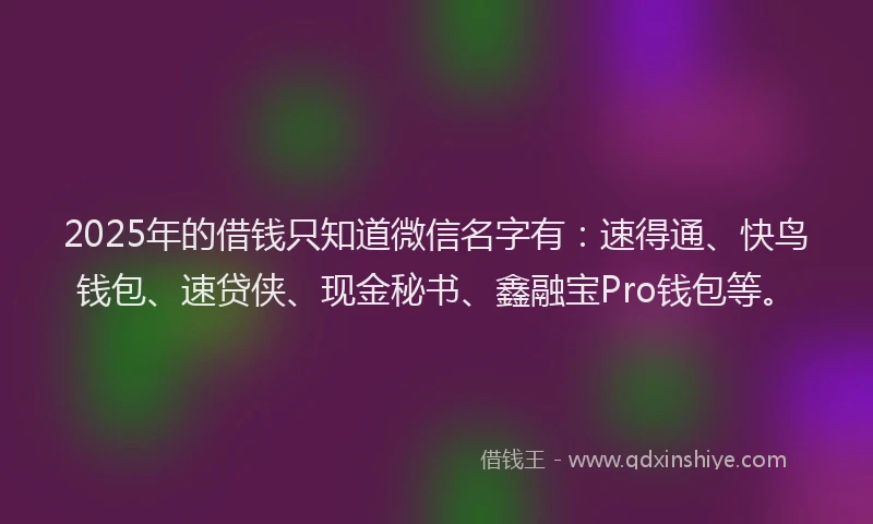 2025年的借钱只知道微信名字有:速得通、快鸟钱包、速贷侠、现金秘书、鑫融宝Pro钱包等。