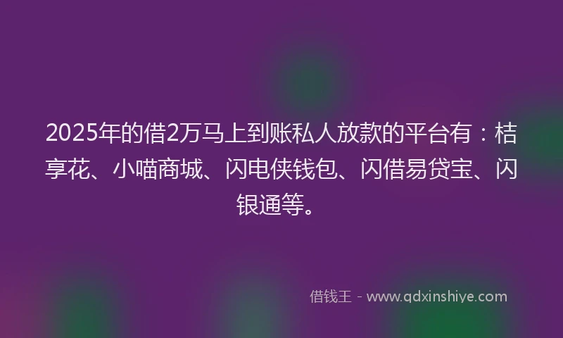 2025年的借2万马上到账私人放款的平台有：桔享花、小喵商城、闪电侠钱包、闪借易贷宝、闪银通等。