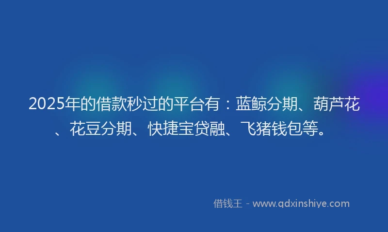 2025年的借款秒过的平台有：蓝鲸分期、葫芦花、花豆分期、快捷宝贷融、飞猪钱包等。