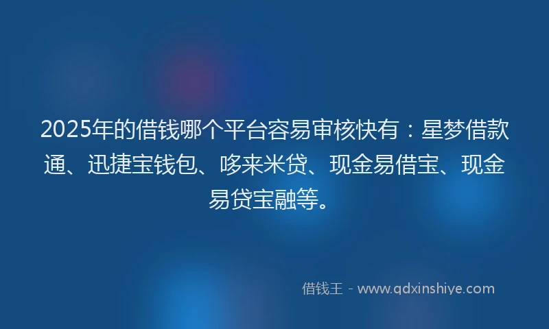 2025年的借钱哪个平台容易审核快有：星梦借款通、迅捷宝钱包、哆来米贷、现金易借宝、现金易贷宝融等。