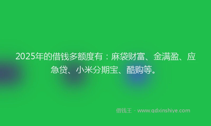 2025年的借钱多额度有：麻袋财富、金满盈、应急贷、小米分期宝、酷购等。