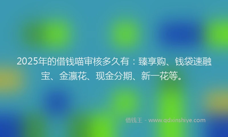 2025年的借钱喵审核多久有：臻享购、钱袋速融宝、金瀛花、现金分期、新一花等。