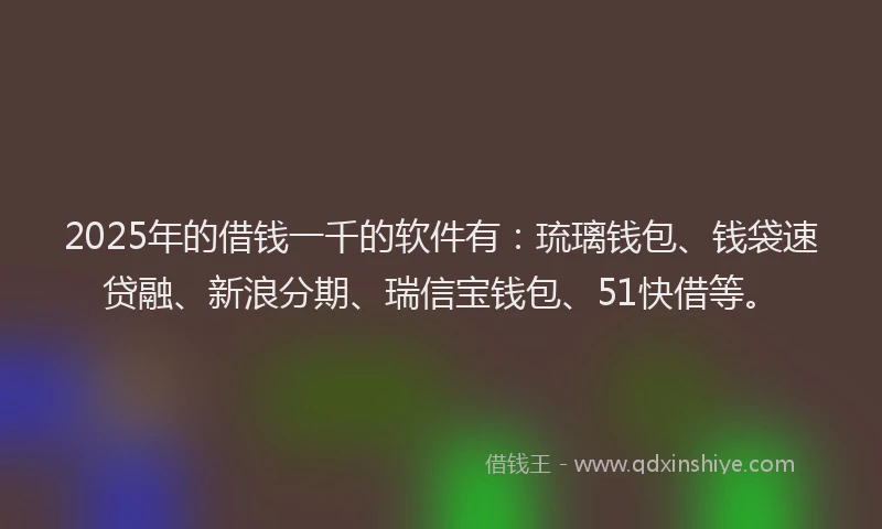 2025年的借钱一千的软件有：琉璃钱包、钱袋速贷融、新浪分期、瑞信宝钱包、51快借等。