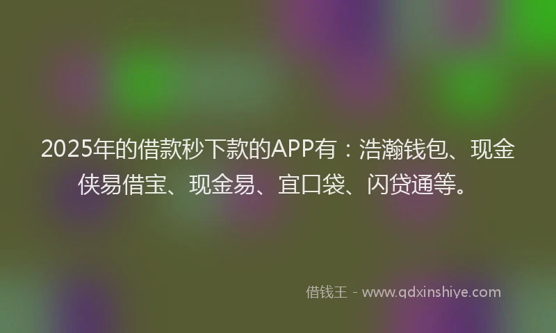 2025年的借款秒下款的APP有：浩瀚钱包、现金侠易借宝、现金易、宜口袋、闪贷通等。