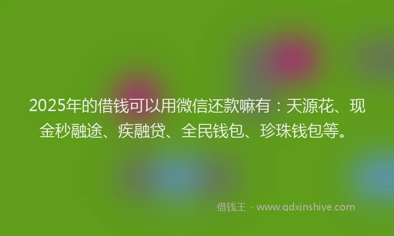 2025年的借钱可以用微信还款嘛有：天源花、现金秒融途、疾融贷、全民钱包、珍珠钱包等。