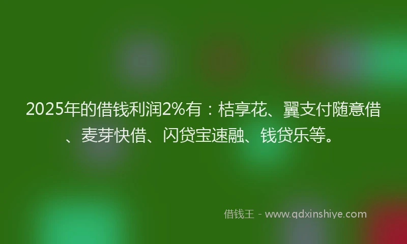 2025年的借钱利润2%有：桔享花、翼支付随意借、麦芽快借、闪贷宝速融、钱贷乐等。