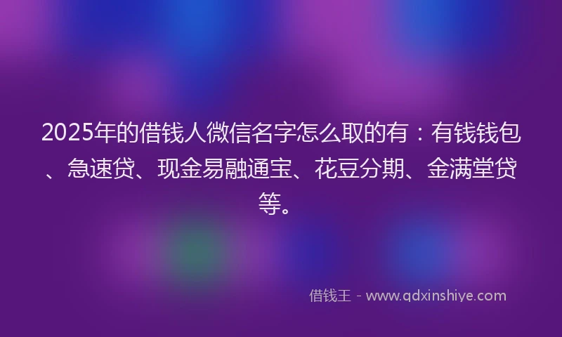 2025年的借钱人微信名字怎么取的有：有钱钱包、急速贷、现金易融通宝、花豆分期、金满堂贷等。