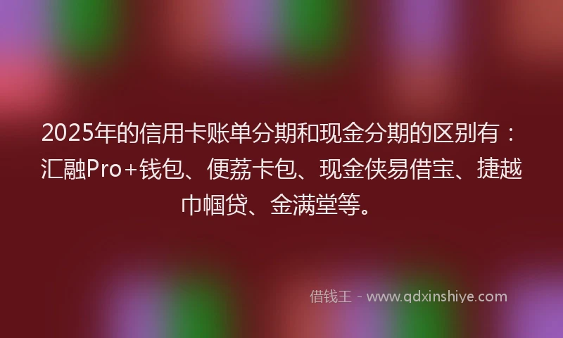2025年的信用卡账单分期和现金分期的区别有：汇融Pro+钱包、便荔卡包、现金侠易借宝、捷越巾帼贷、金满堂等。