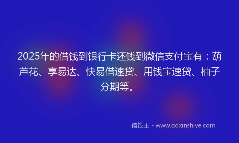 2025年的借钱到银行卡还钱到微信支付宝有:葫芦花、享易达、快易借速贷、用钱宝速贷、柚子分期等。