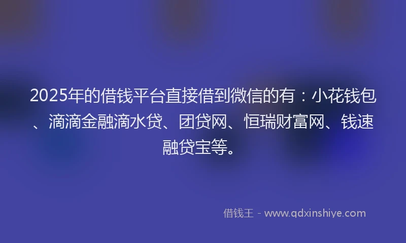 2025年的借钱平台直接借到微信的有：小花钱包、滴滴金融滴水贷、团贷网、恒瑞财富网、钱速融贷宝等。