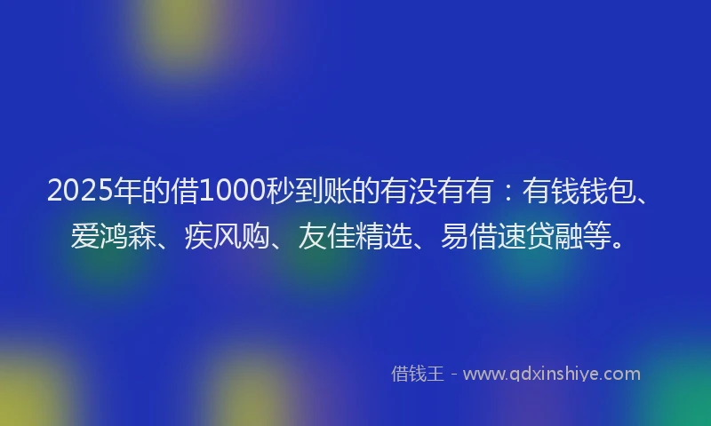 2025年的借1000秒到账的有没有有：有钱钱包、爱鸿森、疾风购、友佳精选、易借速贷融等。
