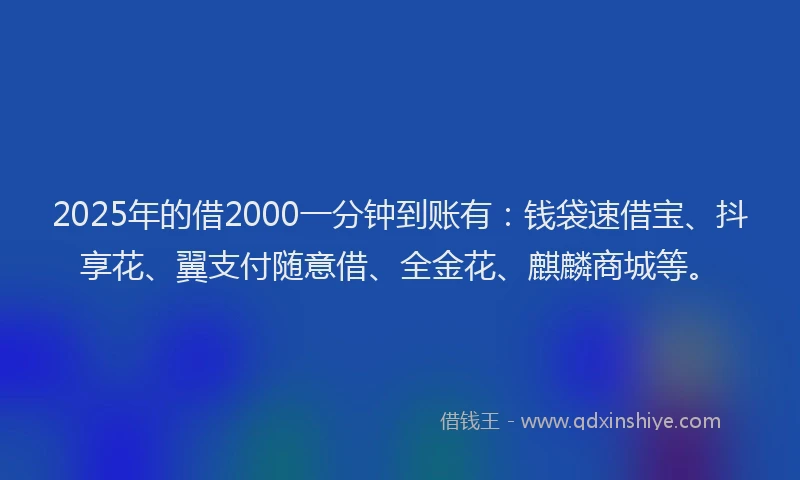 2025年的借2000一分钟到账有：钱袋速借宝、抖享花、翼支付随意借、全金花、麒麟商城等。