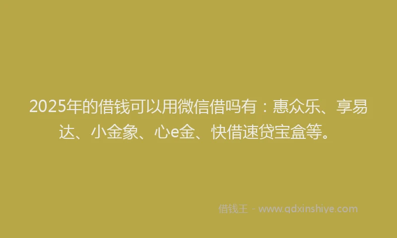 2025年的借钱可以用微信借吗有：惠众乐、享易达、小金象、心e金、快借速贷宝盒等。