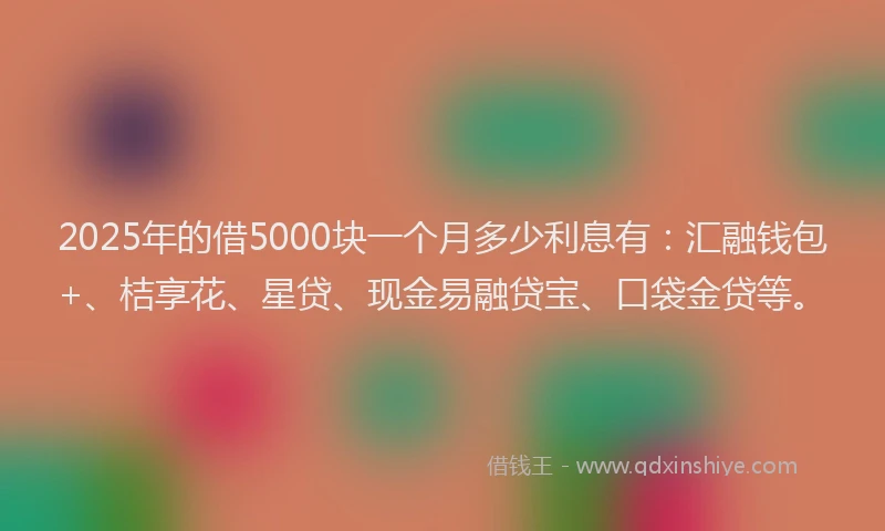 2025年的借5000块一个月多少利息有：汇融钱包+、桔享花、星贷、现金易融贷宝、口袋金贷等。