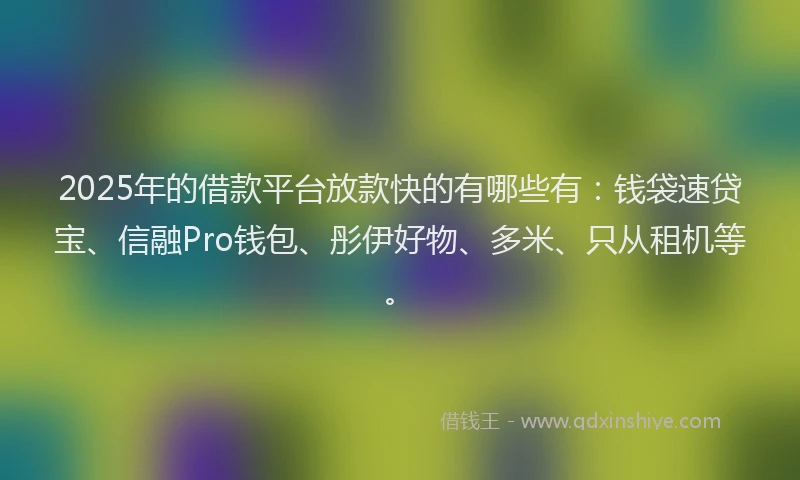 2025年的借款平台放款快的有哪些有：钱袋速贷宝、信融Pro钱包、彤伊好物、多米、只从租机等。